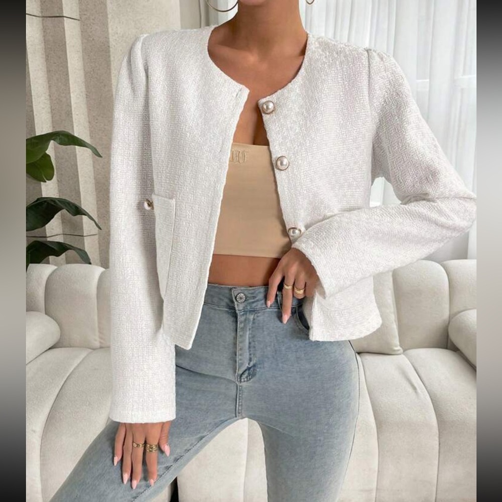 White button front cream ivory tweed jacket cardigan collarless blazer - Picture 1 of 4